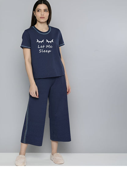 Let Me Sleep Printed Essential Navy Blue Solid Co-ord set