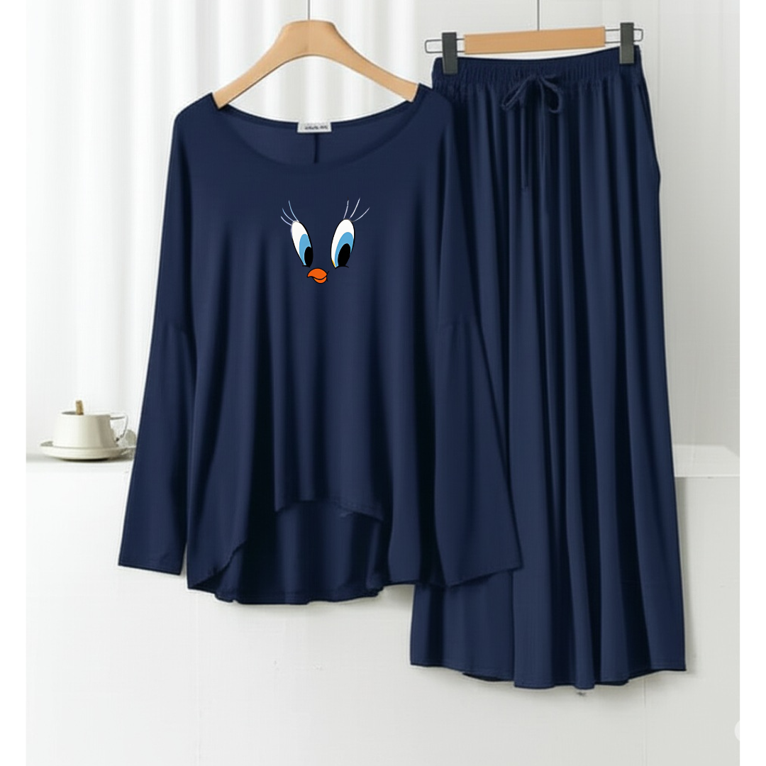 Daffy Duck Printed Navy blue Frill Sleeve Loose Lounge Wear Palazzo Set