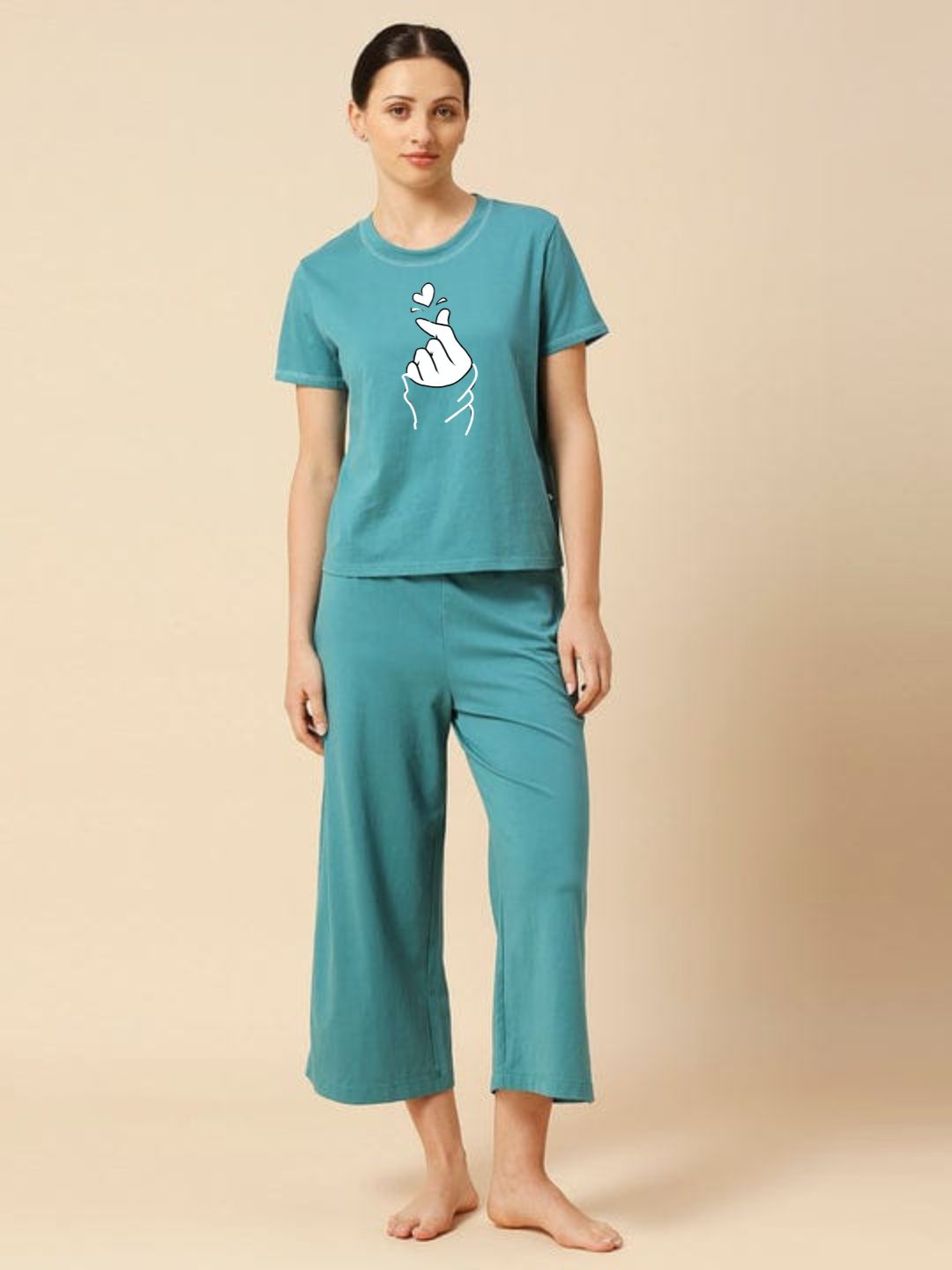 Love Heart Printed Essential Teal Solid Co-ord set