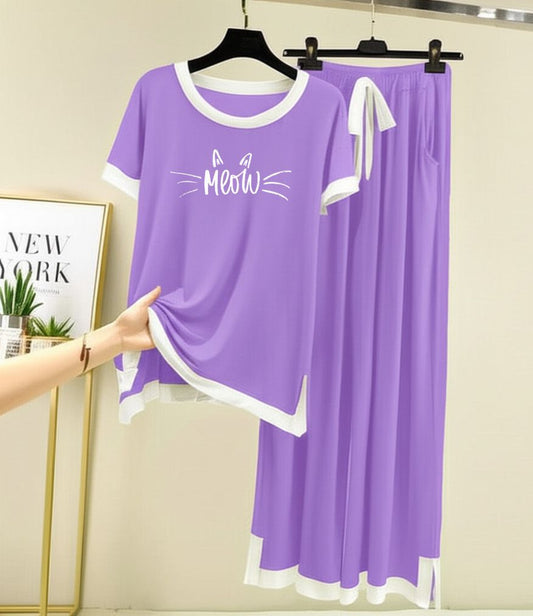 Meow Printed Half sleeves Purple with White Round Neck Palazzo Pajama Set