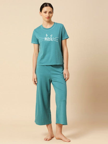 Meow Printed Essential Teal Solid Co-ord set