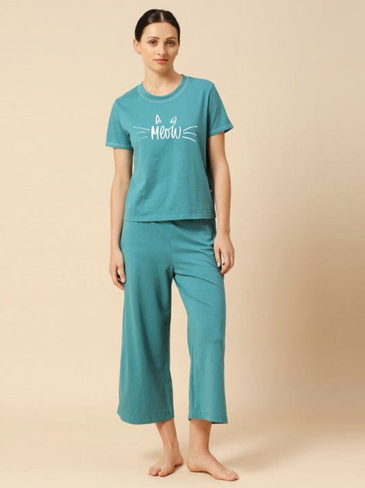 Meow Printed Essential Teal Solid Co-ord set