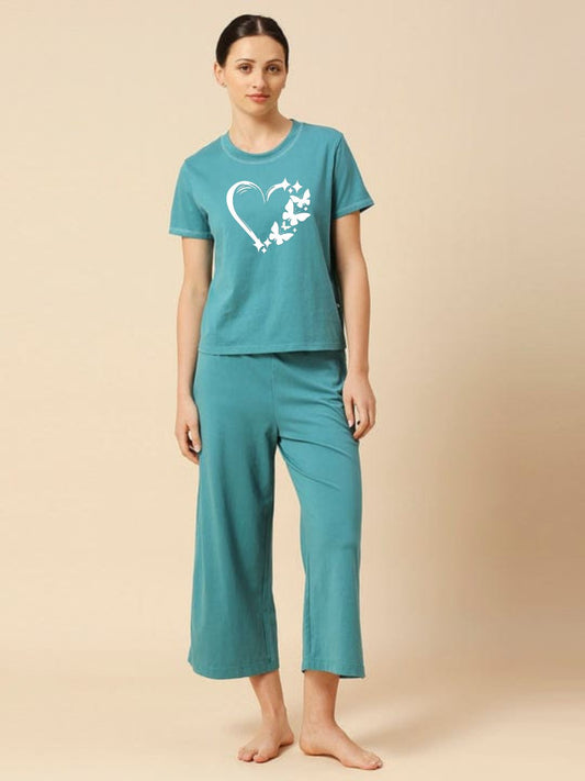 Heart Printed Essential Teal Solid Co-ord set