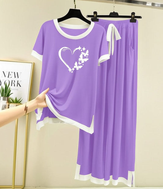 Heart Printed Half sleeves Purple with White Round Neck Palazzo Pajama Set