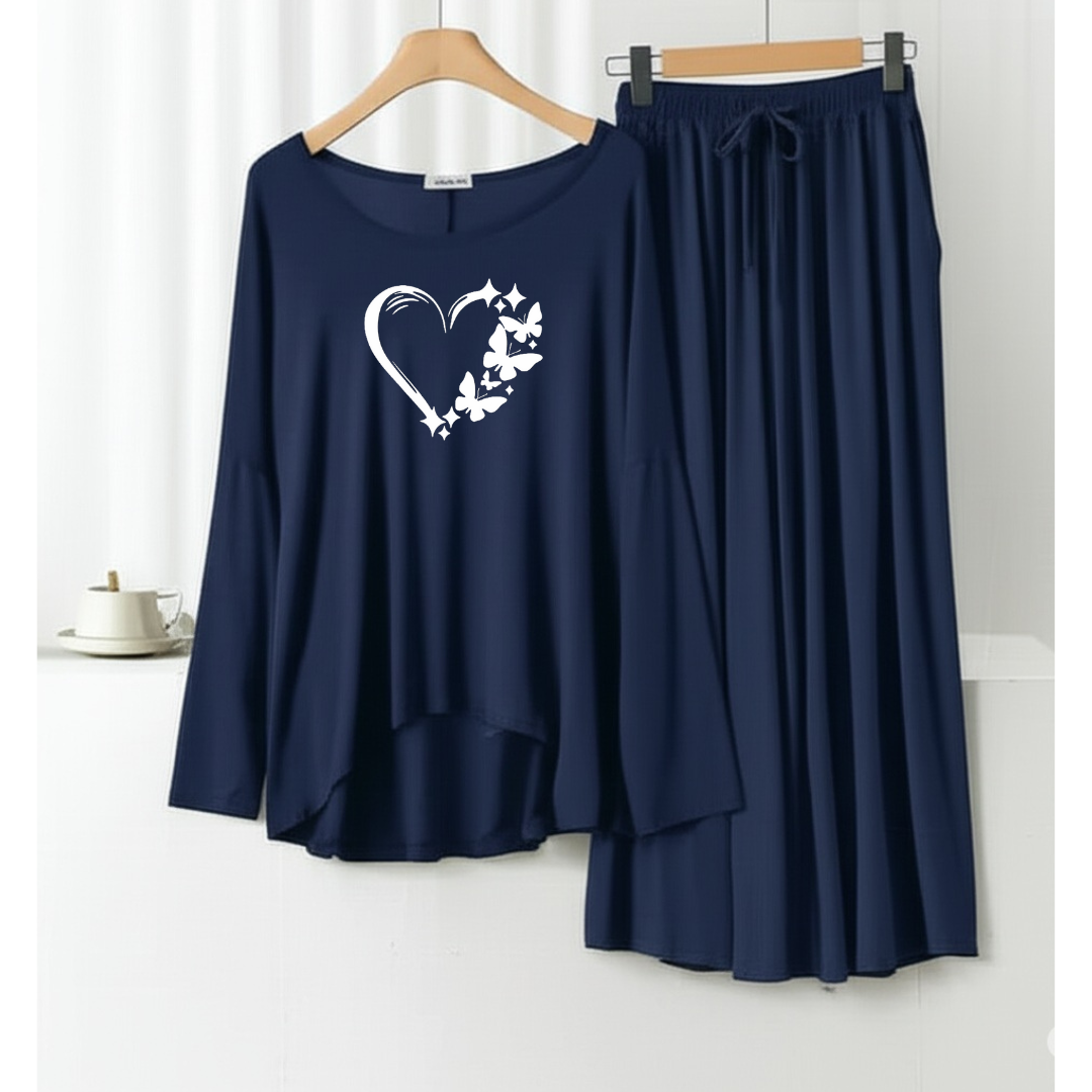 Heart Printed Navy blue Frill Sleeve Loose Lounge Wear Palazzo Set