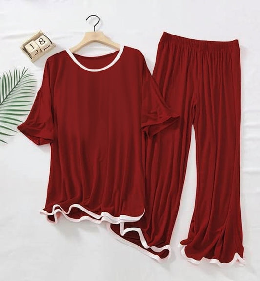 Half sleeves Maroon with White Round Neck Palazzo Pajama Set