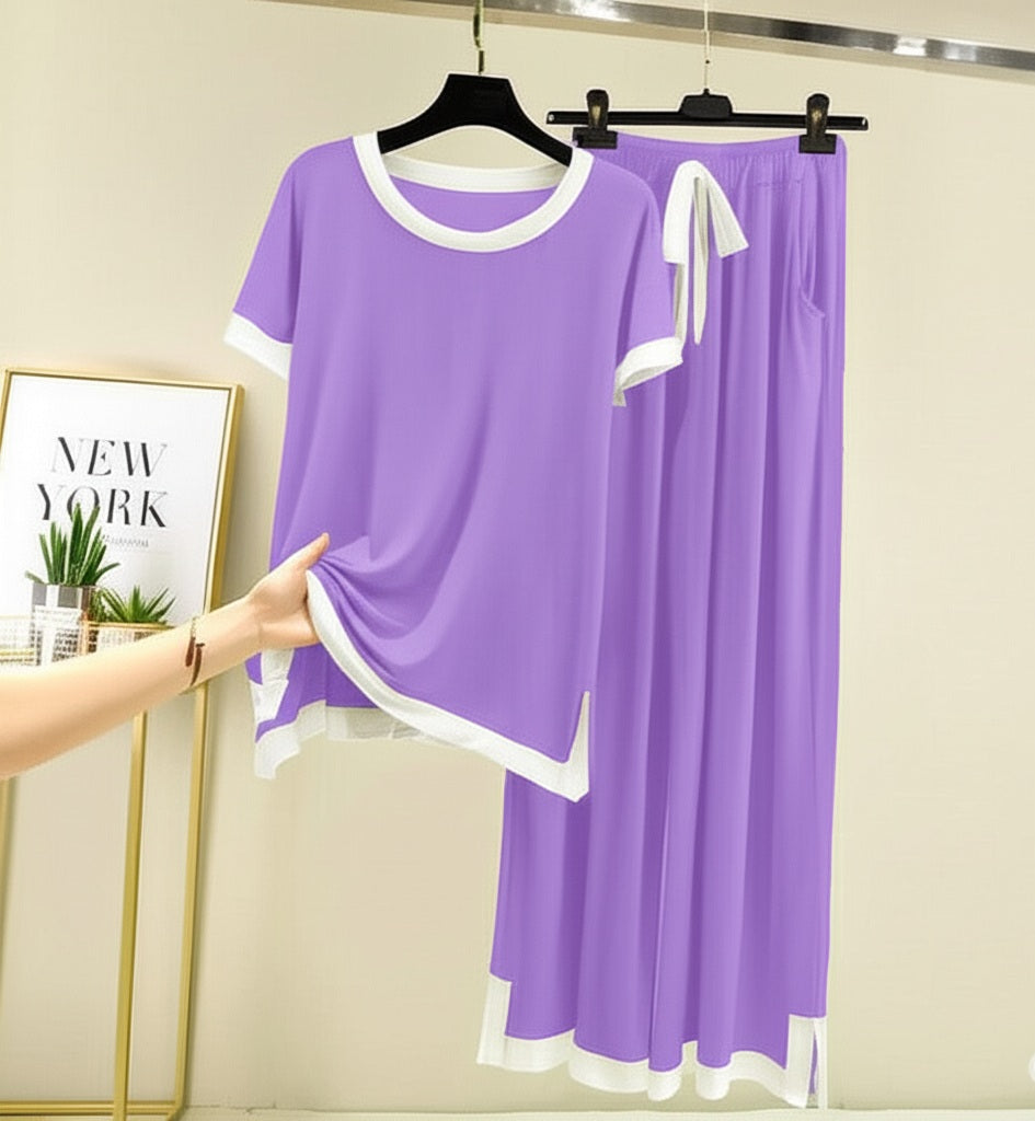 Half sleeves Purple with White Round Neck Palazzo Pajama Set