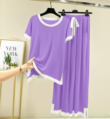Half sleeves Purple with White Round Neck Palazzo Pajama Set