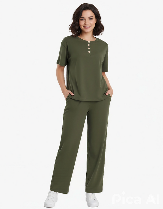 Army Green Button-Up Shirt & Capri Co-Ord Set