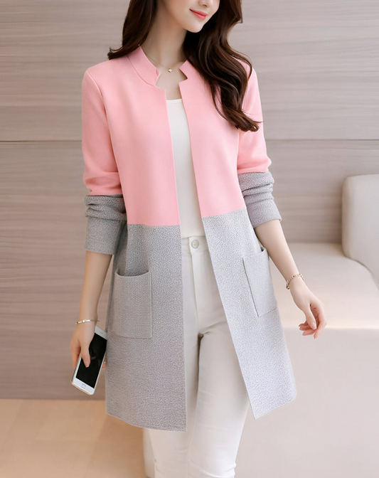 Pink Contrast Front Open Sweater Cardigan Dual Pockets
