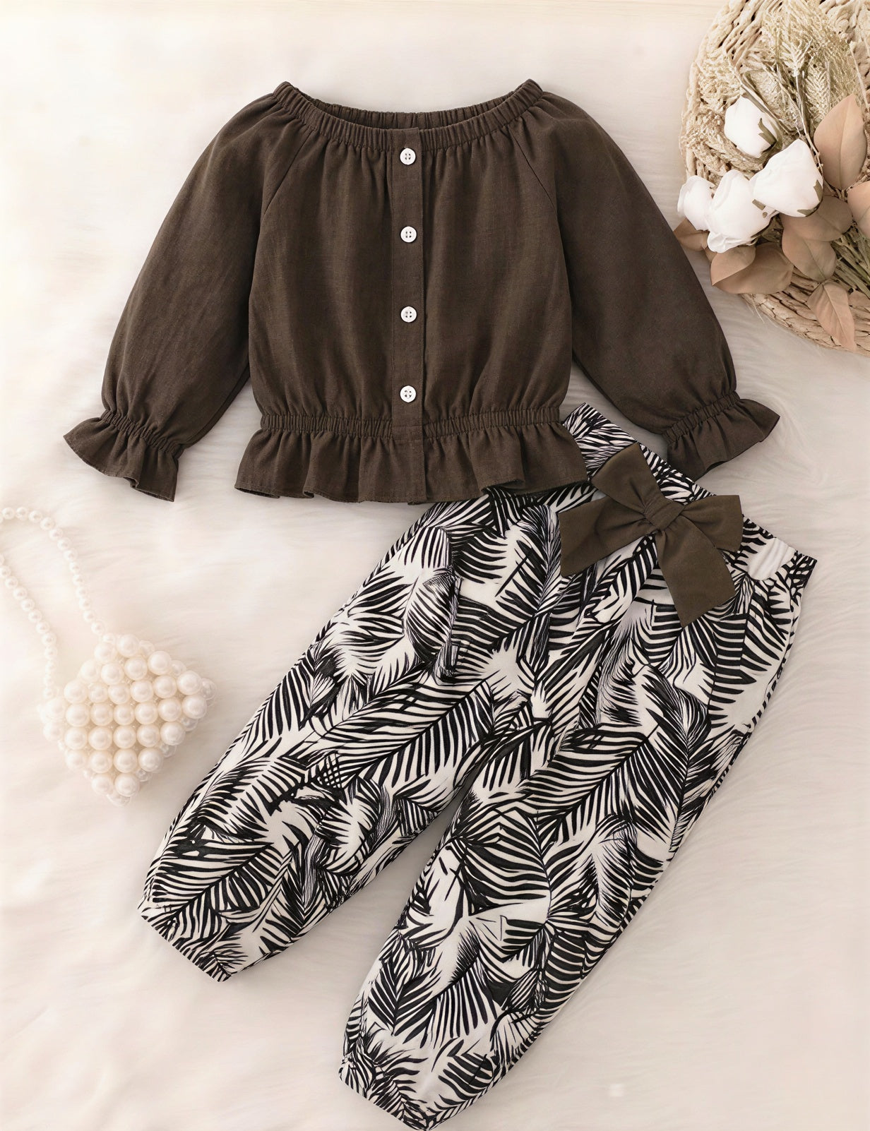 Dark Brown Puff Sleeves Top with Palm Leaf Trouser Kids Wear