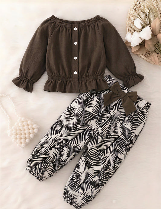 Dark Brown Puff Sleeves Top with Palm Leaf Trouser Kids Wear