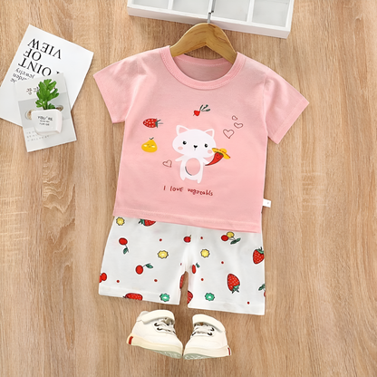 Light Pink I Love Vegetable Print Cat Short Sleeves Kids Wear