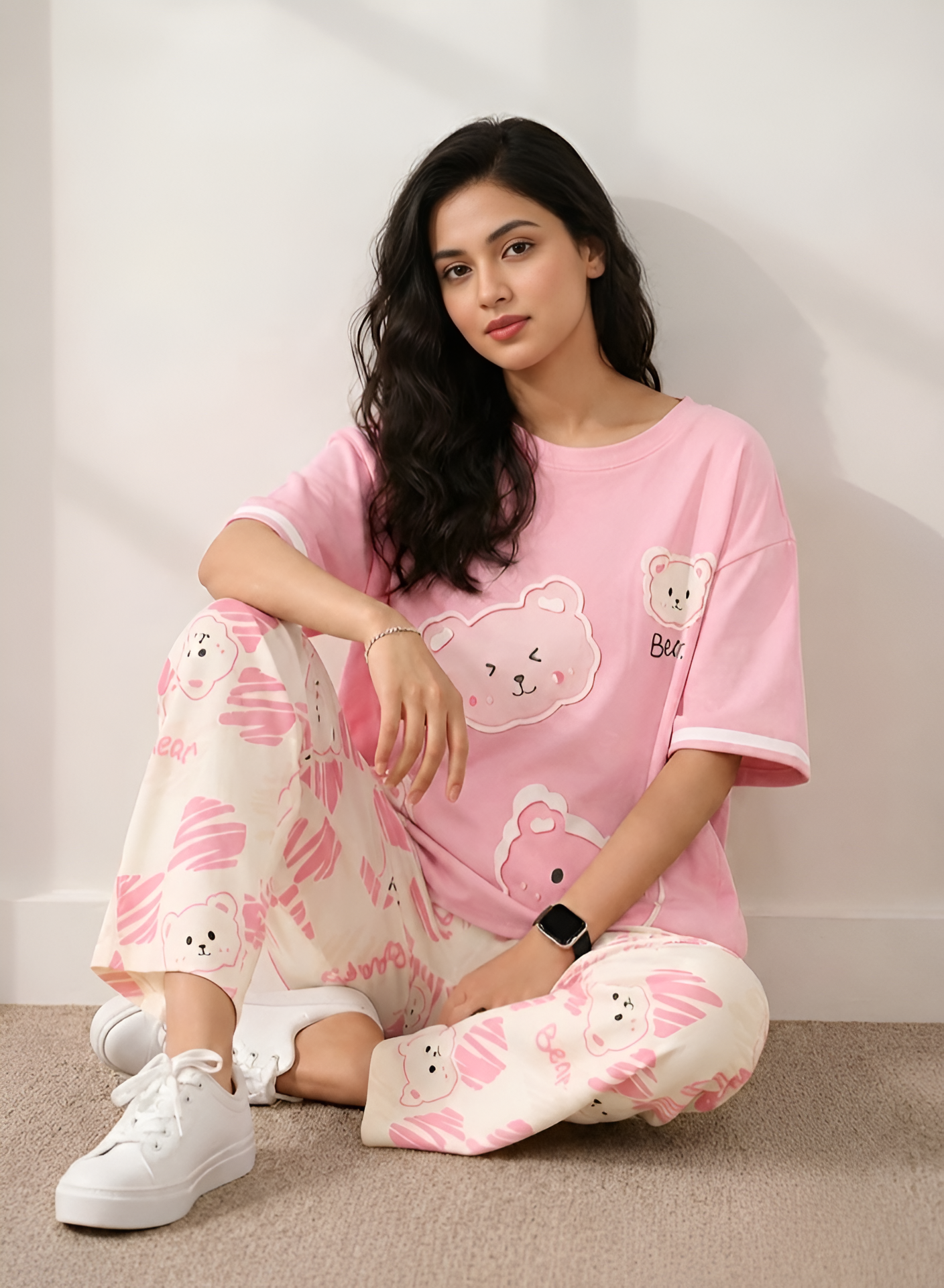 Light Pink Cute Bear Printed 2 Piece Pajama Set