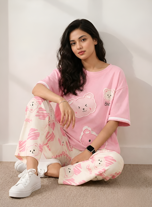 Light Pink Cute Bear Printed 2 Piece Pajama Set