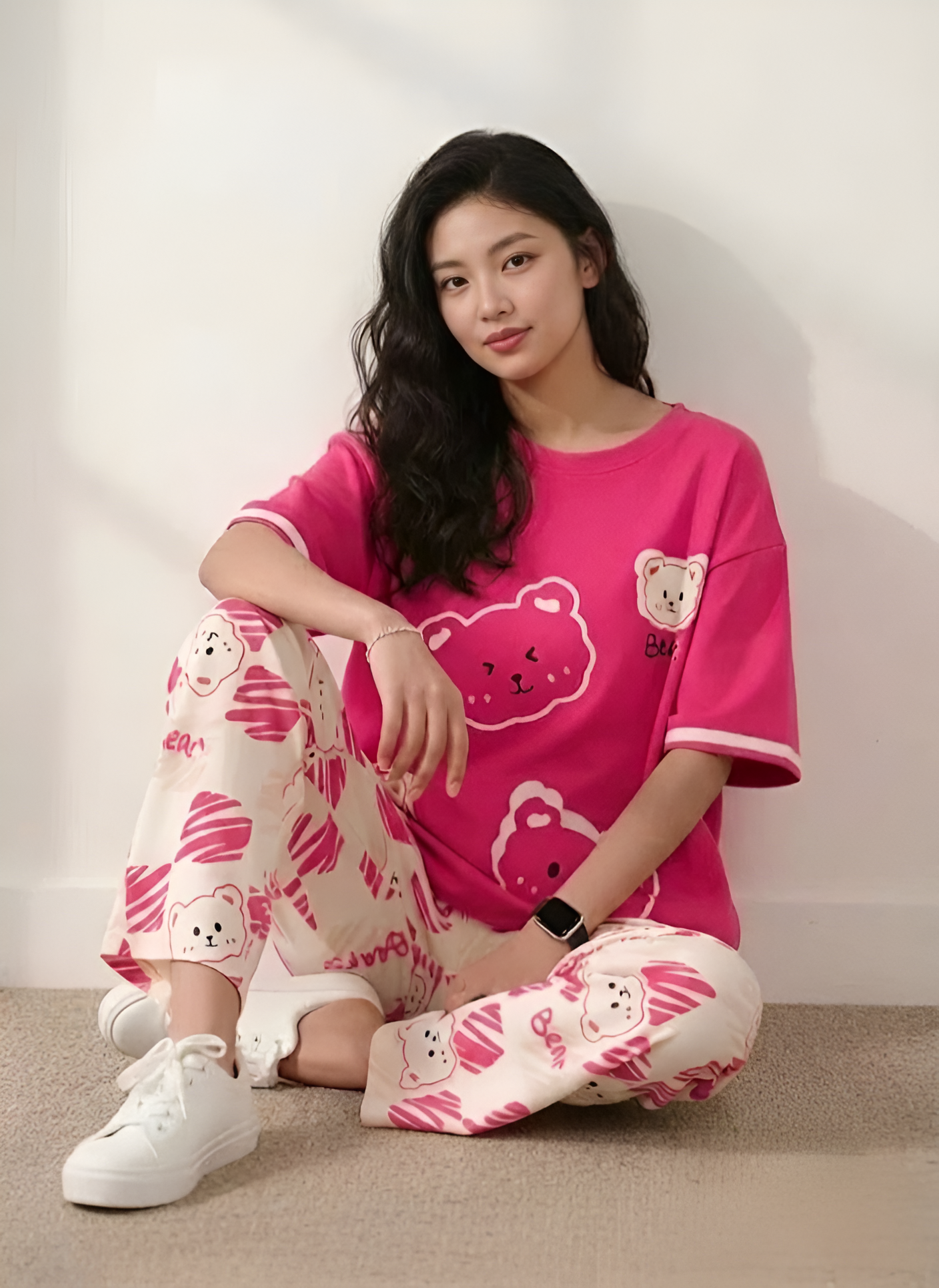 Pink Cute Bear Printed 2 Piece Pajama Set