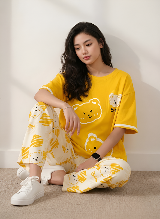 Yellow Cute Bear Printed 2 Piece Pajama Set