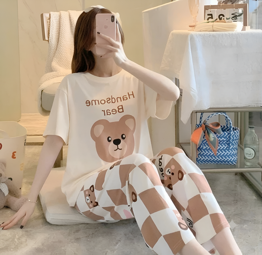Skin White Handsome Bear Printed 2 Piece Pajama Set