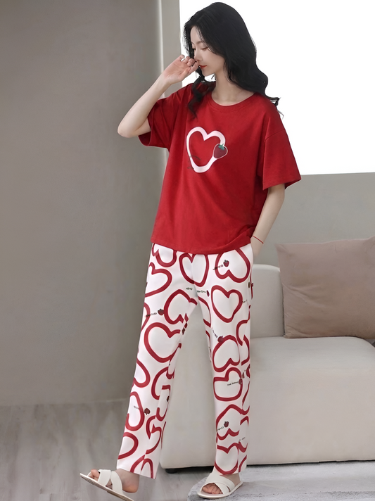 Red Strawberry Heart Printed Pajama Set