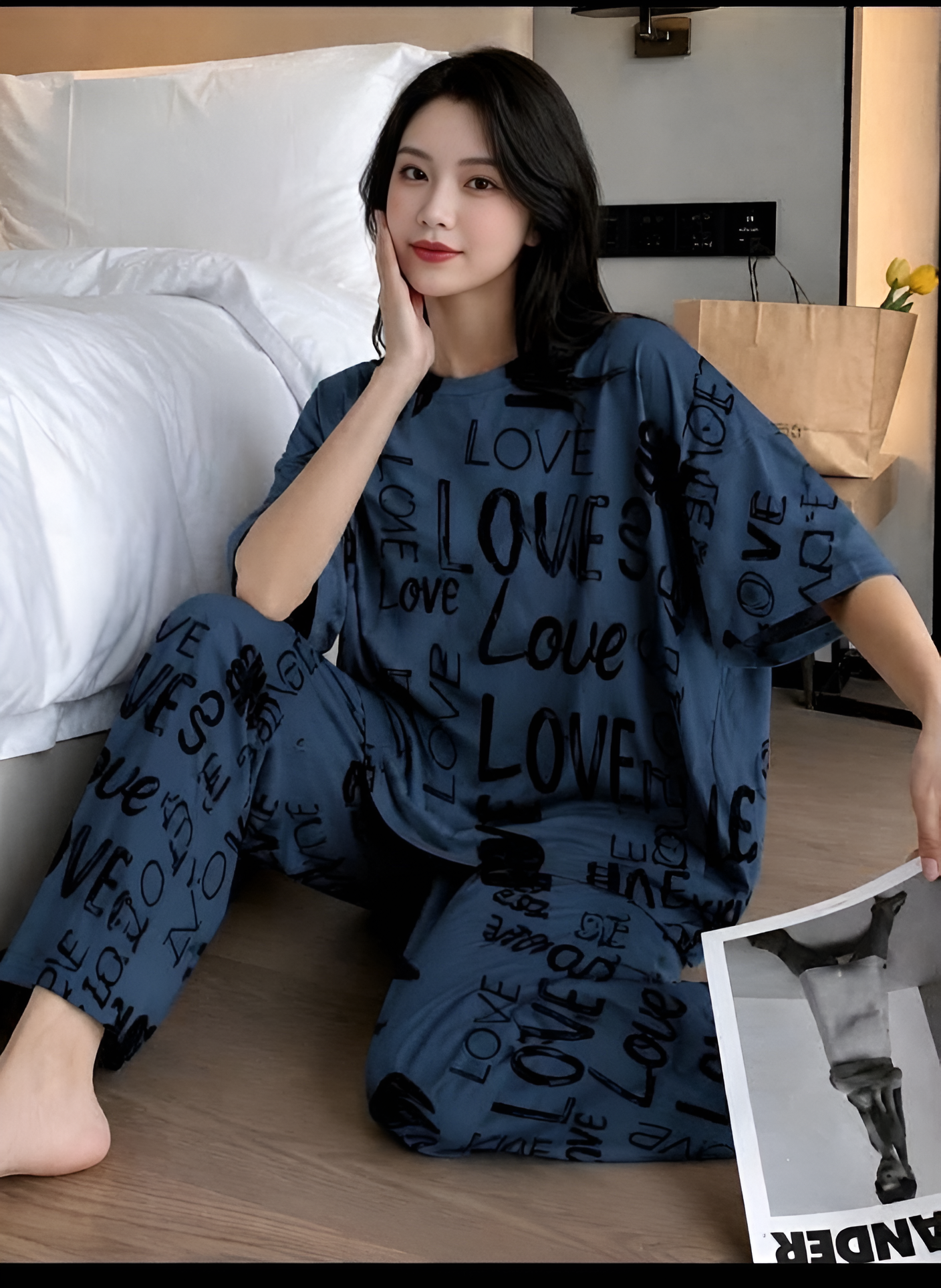 Navy Blue Love Printed Pajama Set