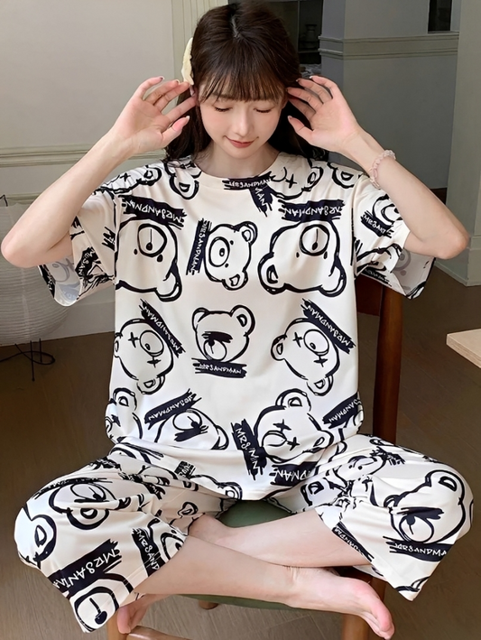 Black Grafffiti Teddy Bear Printed 2 Piece Pajama Set