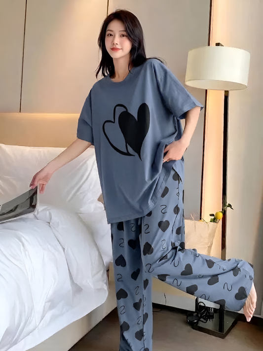 Light Grey Heart Printed 2 Piece Pajama Set