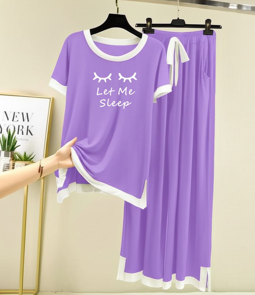 Let Me Sleep Printed Half sleeves Purple with White Round Neck Palazzo Pajama Set