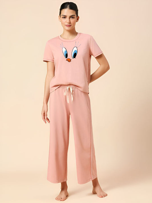 Daffy Duck Printed Essential Pink Solid Co-ord set