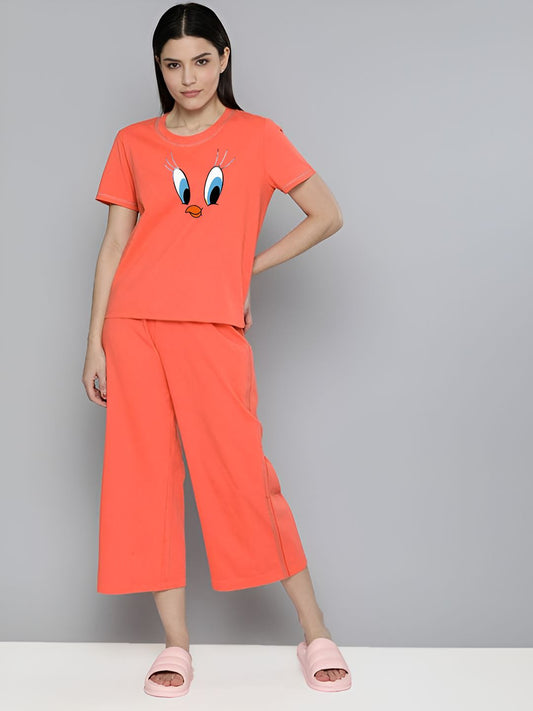 Daffy Duck Printed Essential Orange Solid Co-ord set