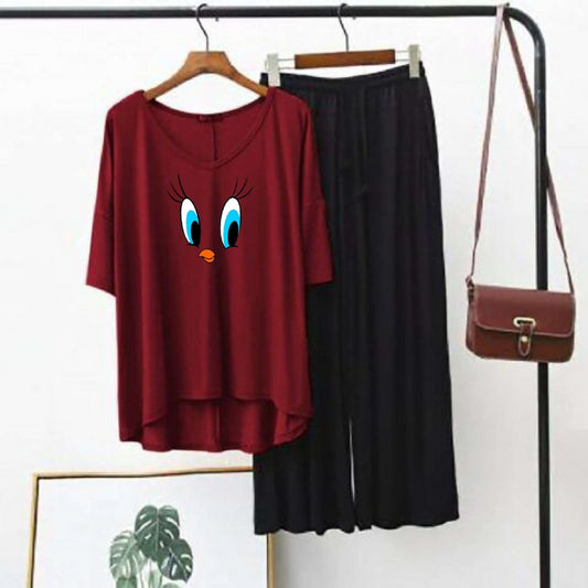 Daffy Duck Printed Love Heart Printed Red V Neck T shirt with Black Palazzo Pajama Night Suit
