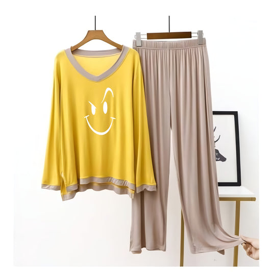 Smiley Face Printed Yellow V Neck With Skin Contrast Palazzo For Women PJ Set