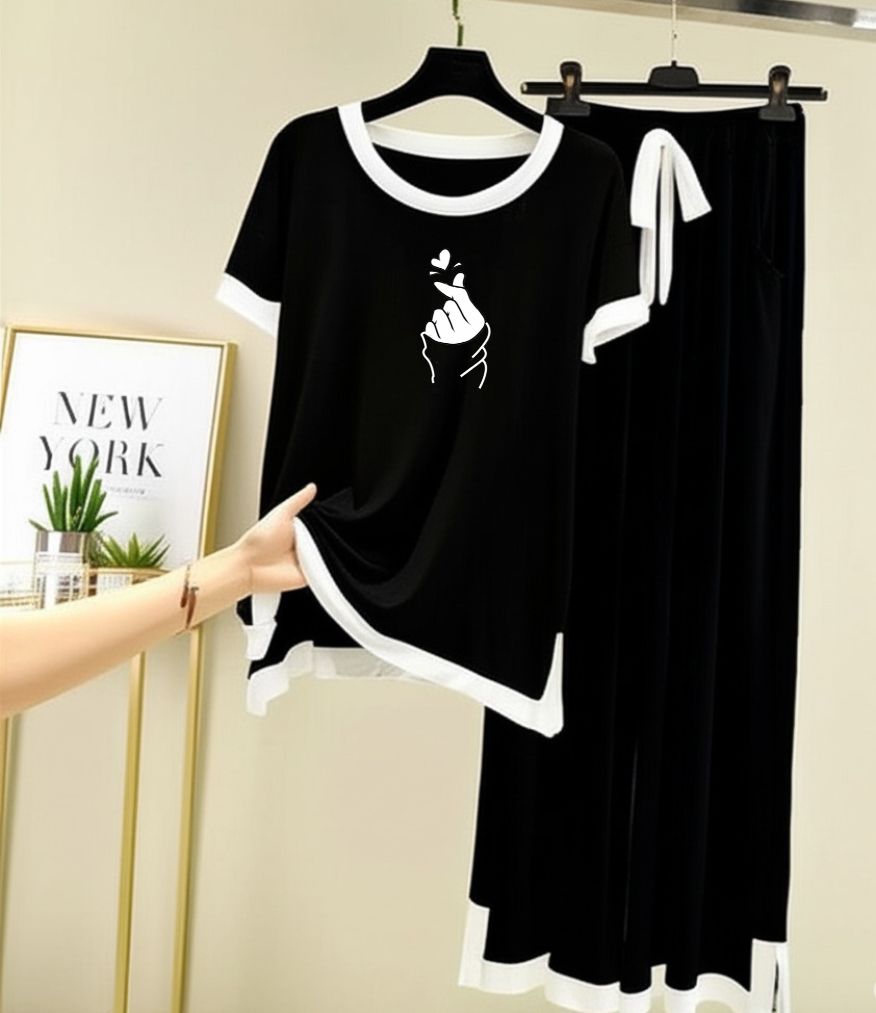 Love Heart Printed Half sleeves Black with White Round Neck Palazzo Pajama Set