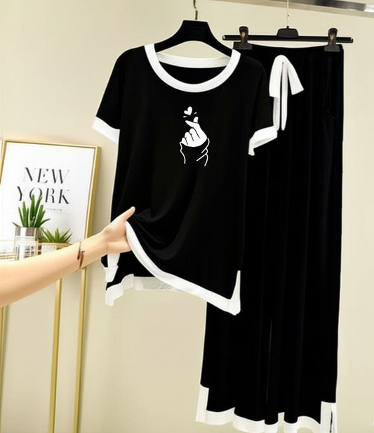 Love Heart Printed Half sleeves Black with White Round Neck Palazzo Pajama Set