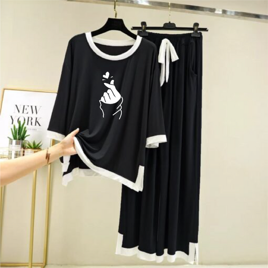 Love Heart Printed Full sleeves Black with White Round Neck Palazzo Pajama Set