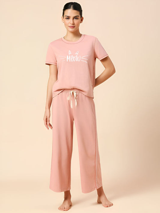 Meow Printed Essential Pink Solid Co-ord set