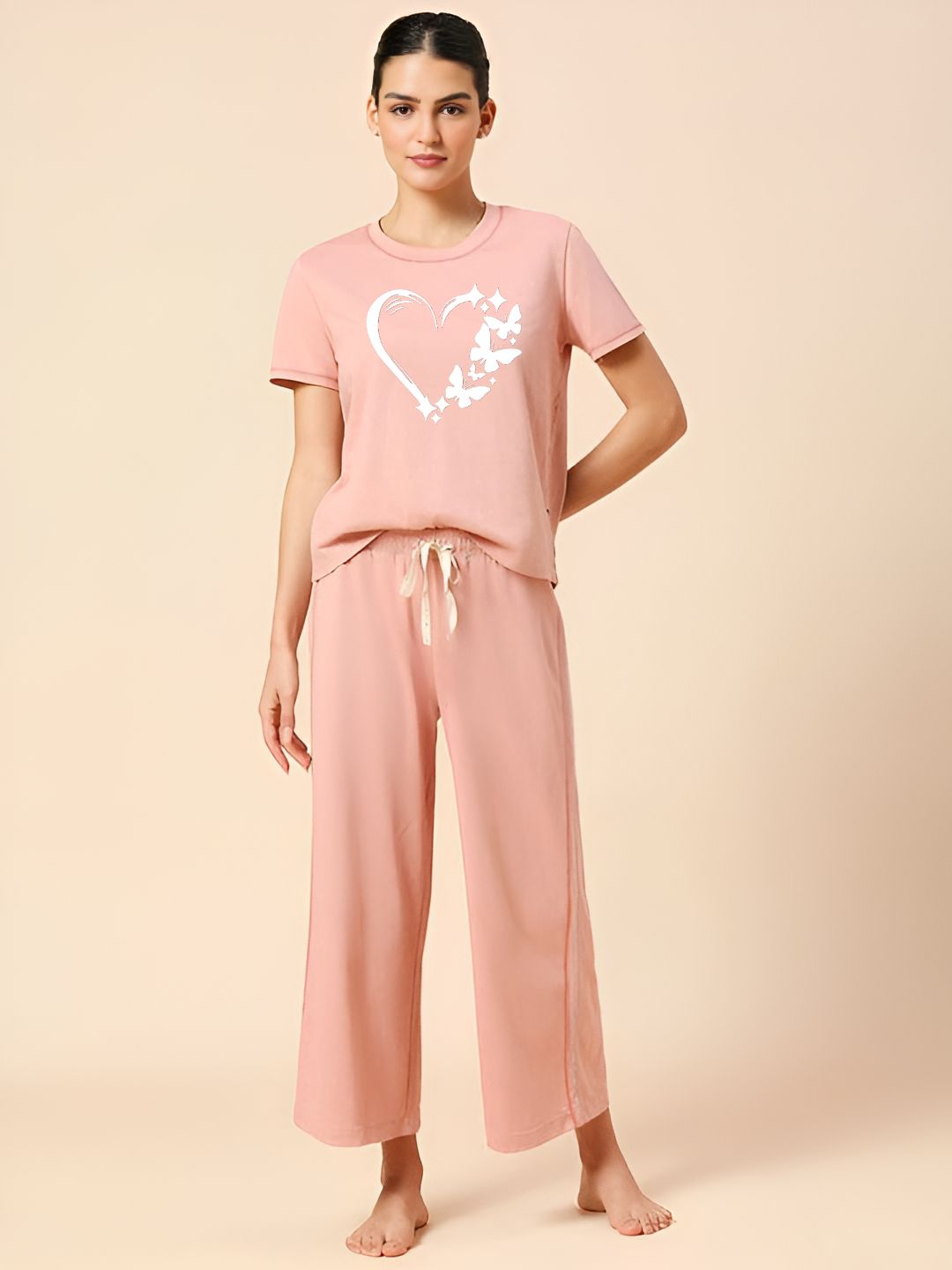 Heart Printed Essential Pink Solid Co-ord set