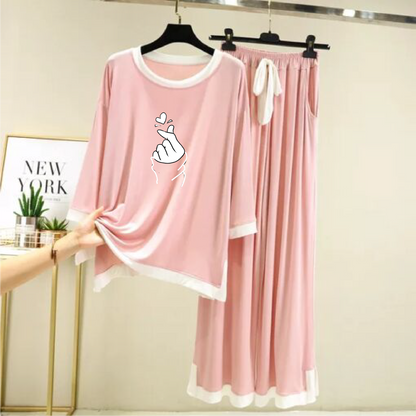 Love Heart Printed Full sleeves Pink with White Round Neck Palazzo Pajama Set