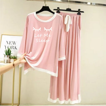 Let Me Sleep Printed Full sleeves Pink with White Round Neck Palazzo Pajama Set