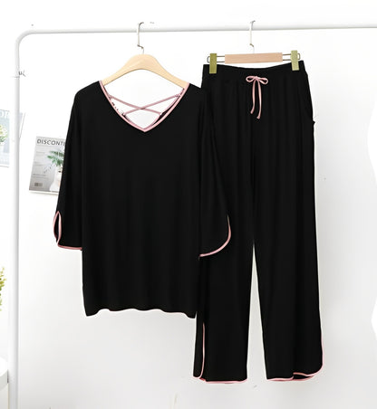 Plain Black with Pink Lace V Neck with Palazzo Pajama Set