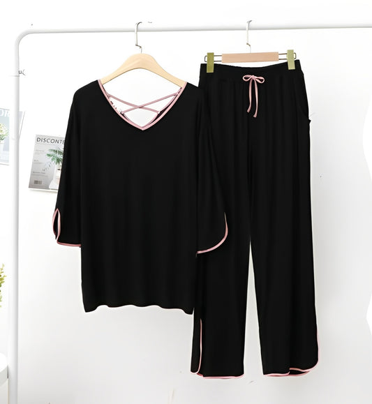 Plain Black with Pink Lace V Neck with Palazzo Pajama Set