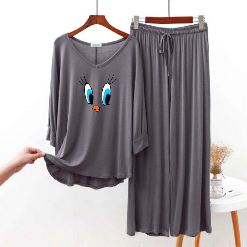 Daffy Duck Printed Grey V Neck with Palazzo Style Pajama Full Sleeves Set