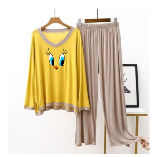Daffy Duck Printed Yellow V Neck With Skin Contrast Palazzo For Women PJ Set