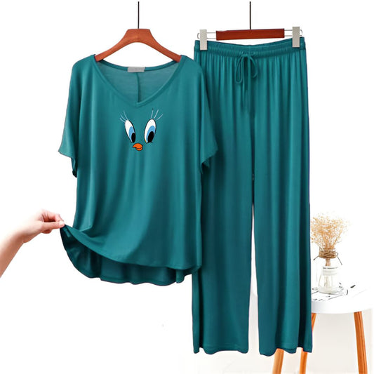 Daffy Duck Printed Half sleeves Plain Green V Neck T shirt with Green Palazzo Pajama Set