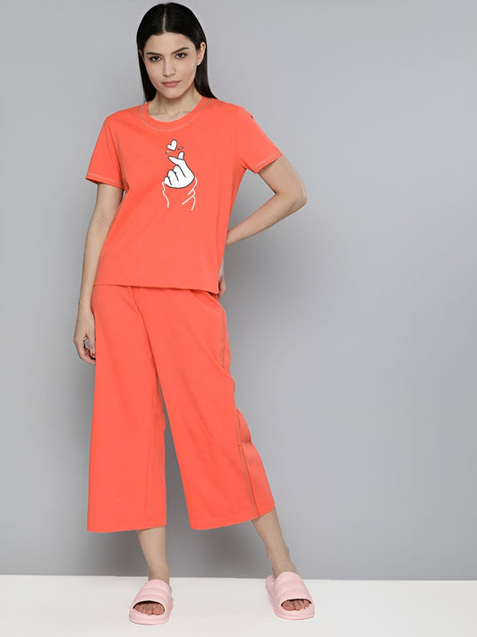 Love Heart Printed Essential Orange Solid Co-ord set