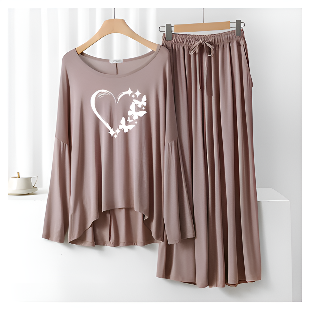 Heart Printed Skin Color Frill Sleeve Loose Lounge Wear Palazzo Set