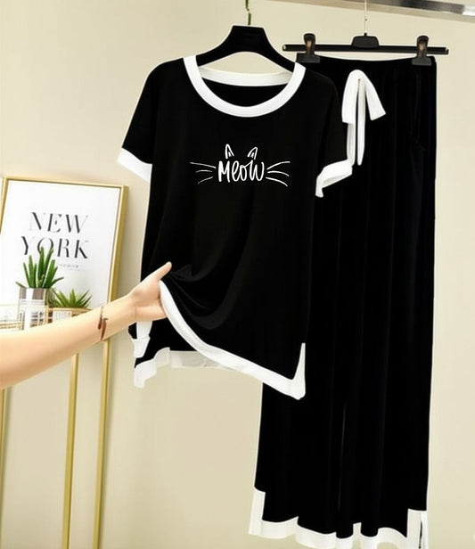 Meow Printed Half sleeves Black with White Round Neck Palazzo Pajama Set