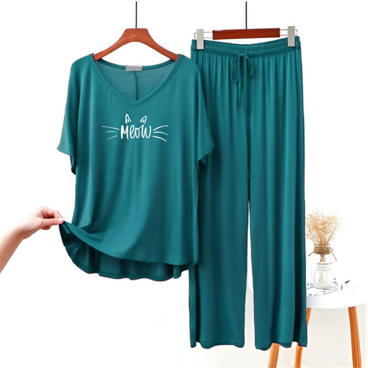 Meow Printed Half sleeves Plain Green V Neck T shirt with Green Palazzo Pajama Set