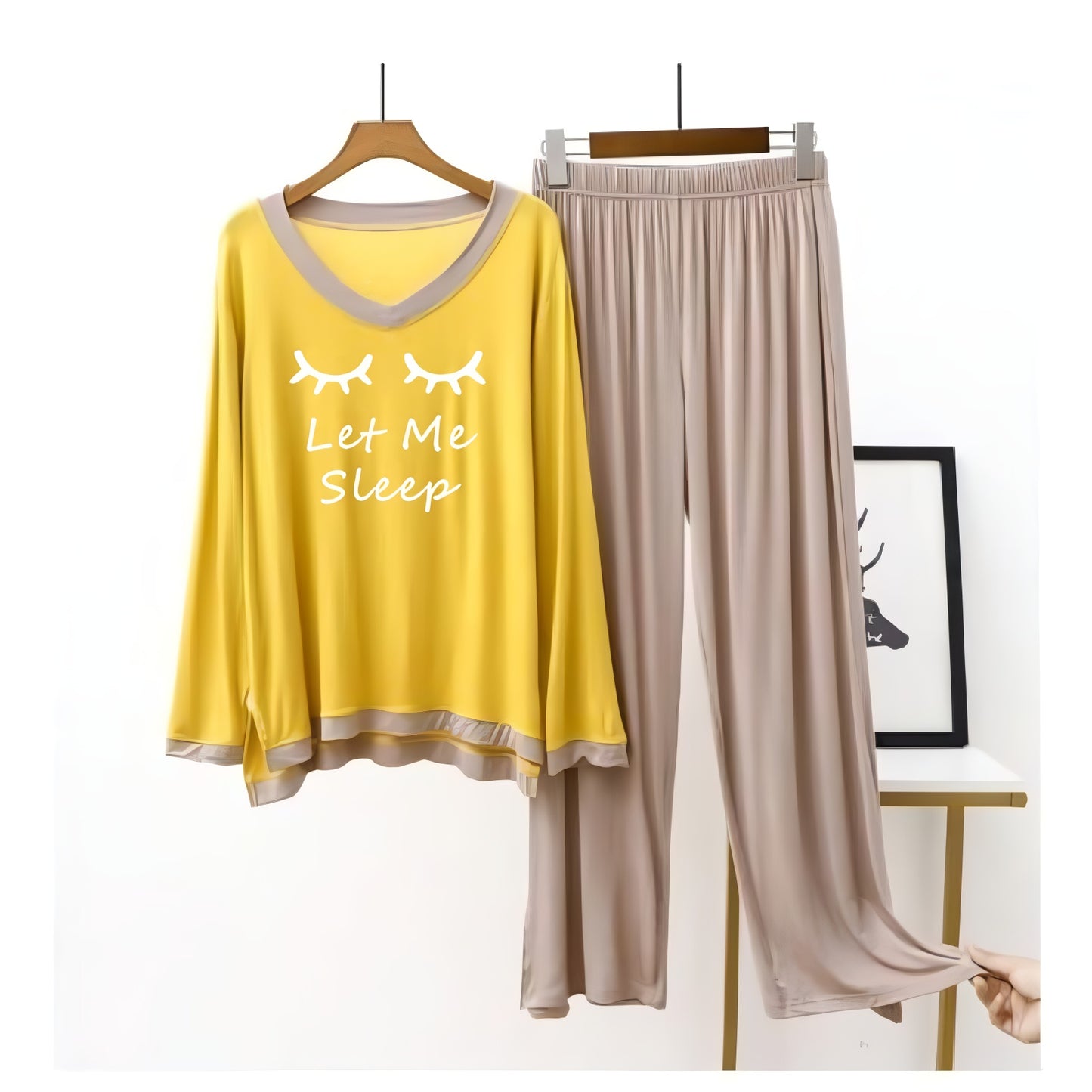 Let Me Sleep Printed Yellow V Neck With Skin Contrast Palazzo For Women PJ Set