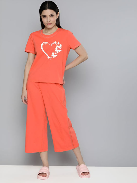 Heart Printed Essential Orange Solid Co-ord set