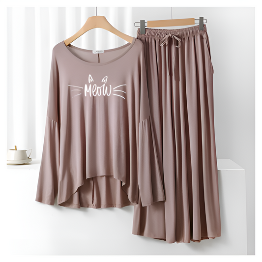 Meow Printed Skin Color Frill Sleeve Loose Lounge Wear Palazzo Set